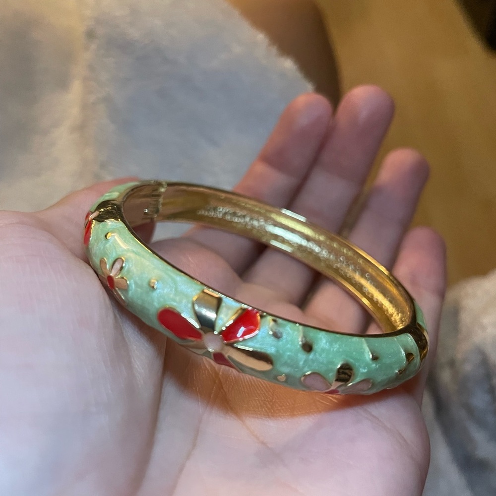 Aqua Cloisonné Bangle Bracelet with Red Floral Design & Gold Accents